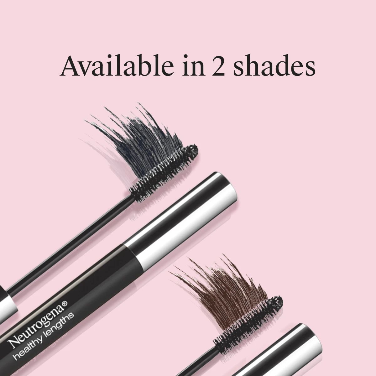 NA_US_NTG_HealthyLenghts_Mascara_0.21fl.oz_ATF4.webp Two Neutrogena® Healthy Lengths mascara wands in black and brown shades on pink background