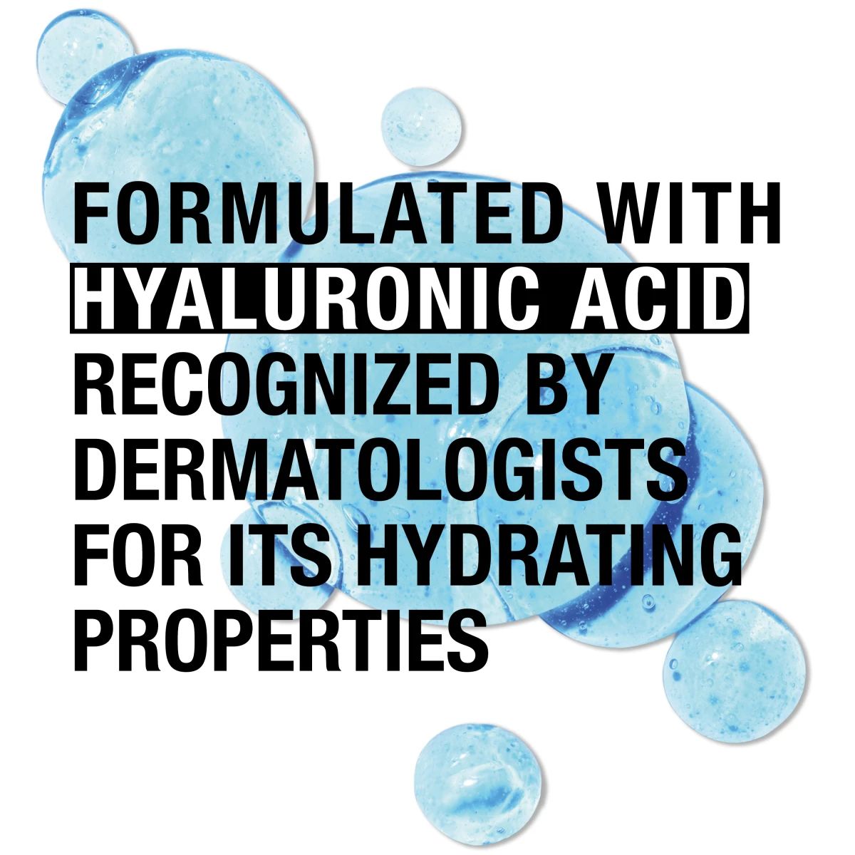 Text over blue bubbles: Formulated with hyaluronic acid, recognized by dermatologists for hydration