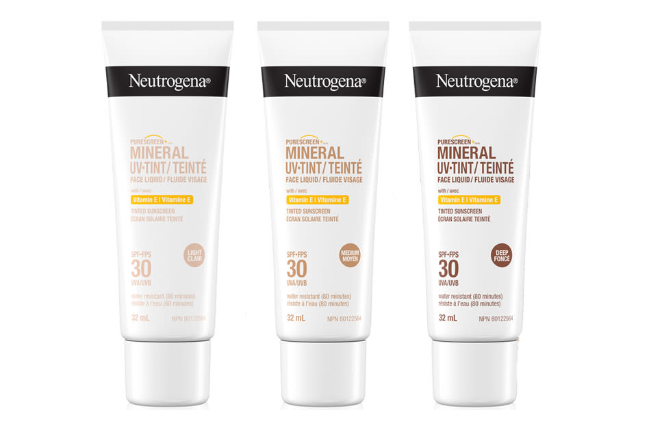Bannière illustrant l’écran solaire minéral teinté Neutrogena® PURESCREEN®, FPS 30, en trois teintes : clair, moyen et foncé. Tubes de 32 ml.