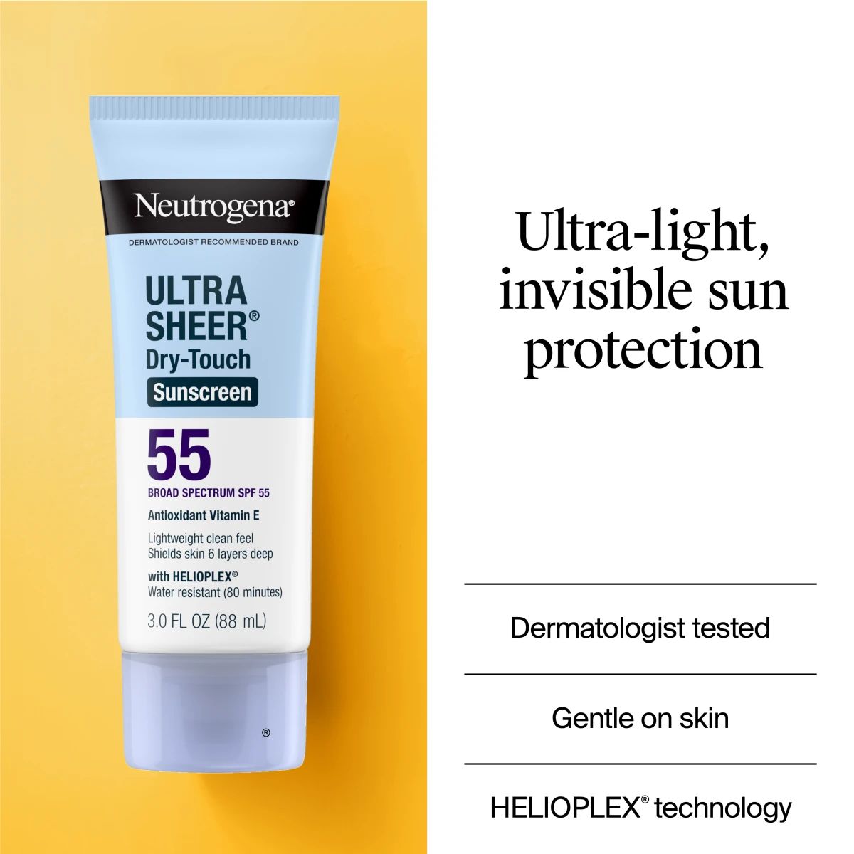 Ultra-light, invisible sun protection; dermatologist tested; gentle on skin; HELIOPLEX tech