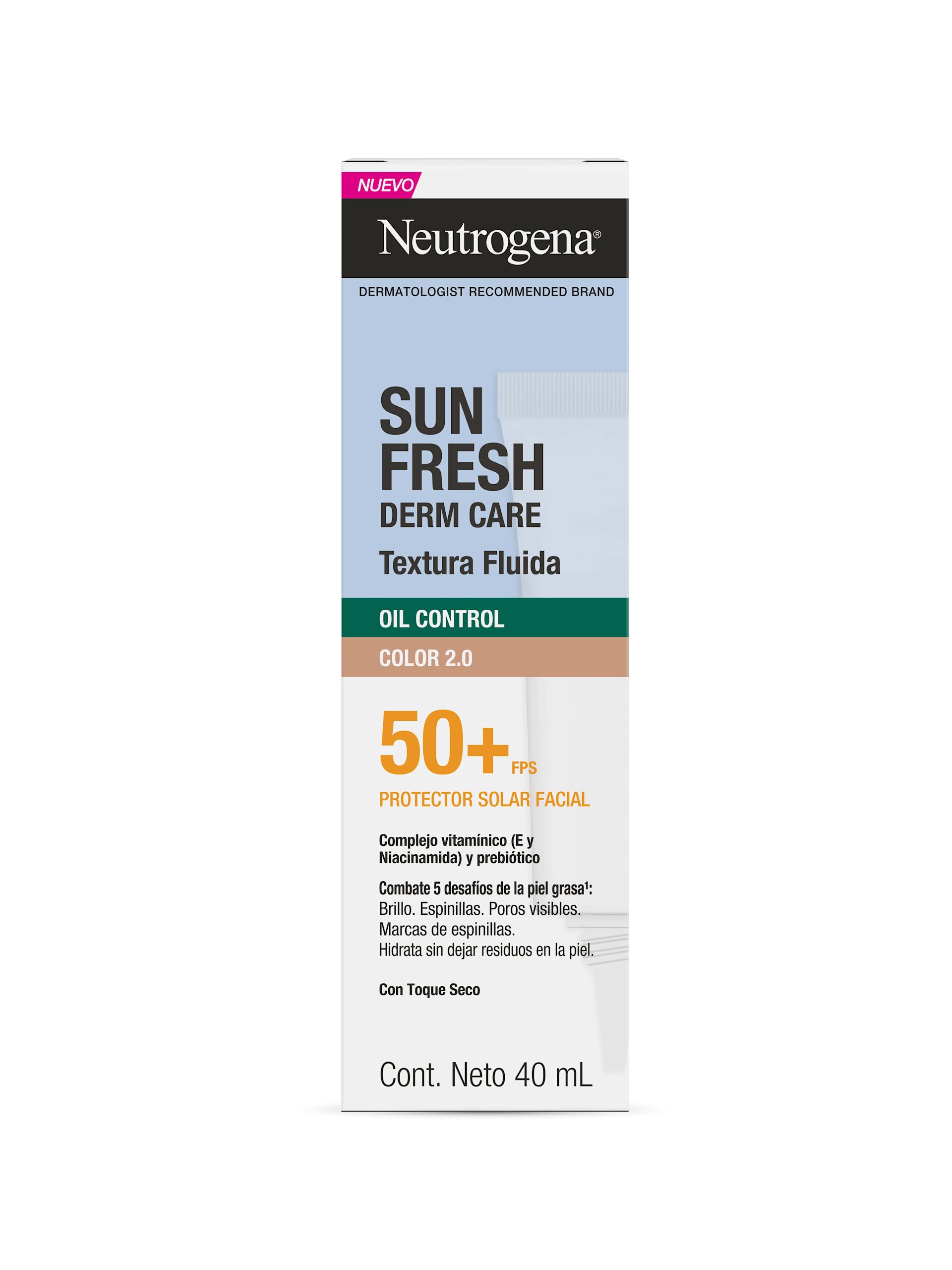 Protector Solar Facial Neutrogena Sun Fresh Oil Control Fluido Color 2.0 FPS 50+ 40 mL front package