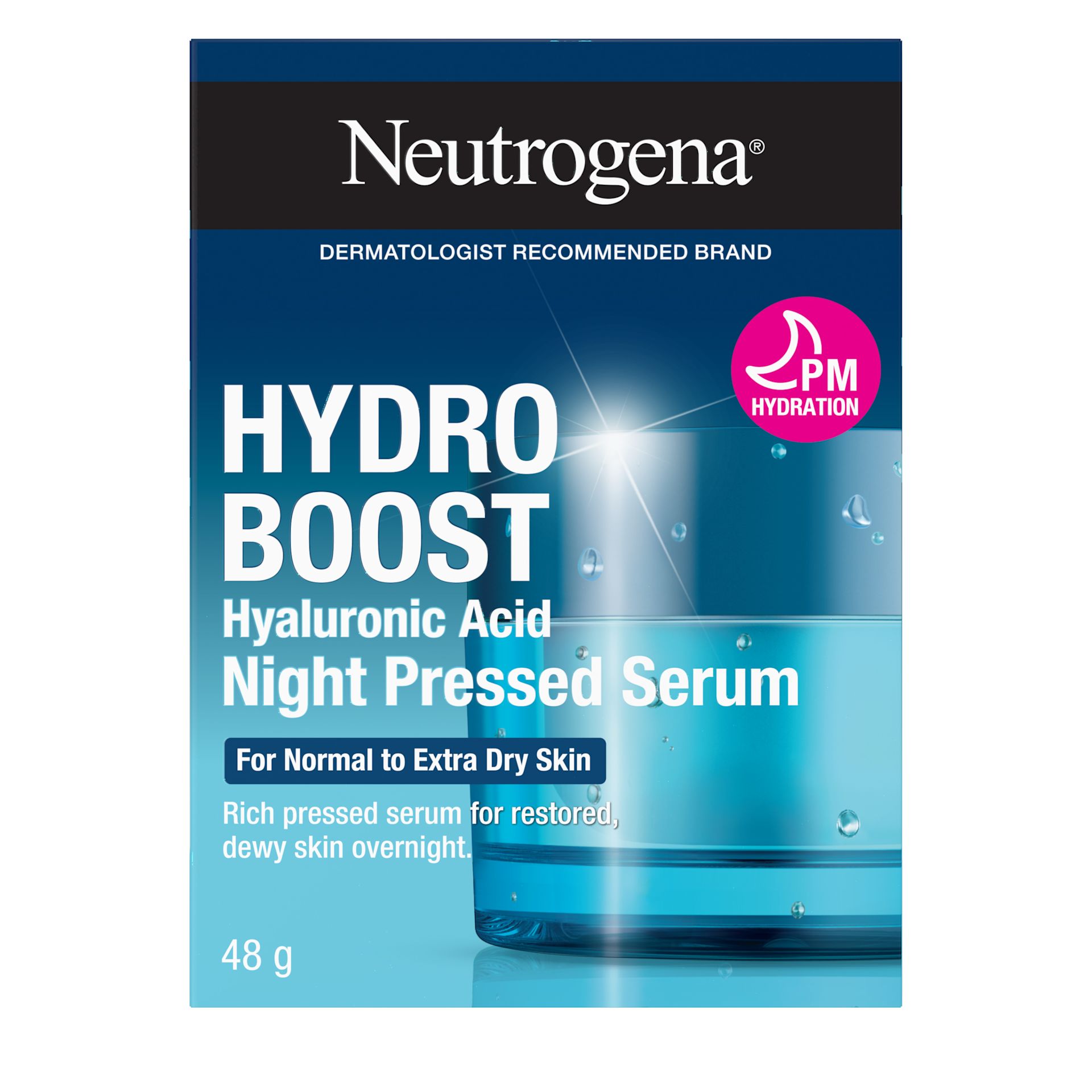 Pot de 48 g du sérum pressé Nuit NEUTROGENA HYDRO BOOST®, hors de sa boîte et dans sa boîte