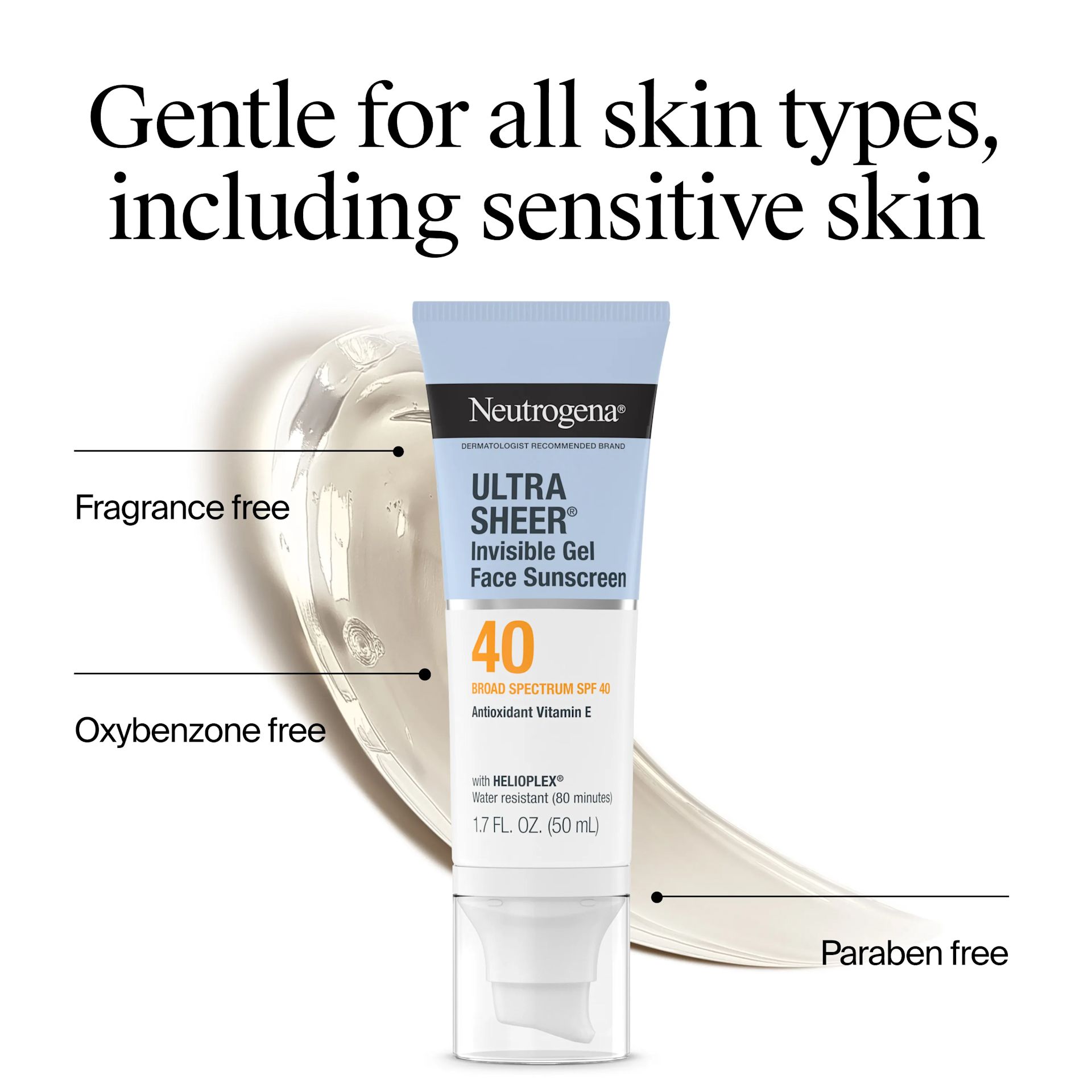 Ultra Sheer Invisible Gel Face Sunscreen Broad Spectrum SPF 40 is gentle for all skin types including sensitive skin. Fragrance free, Oxybenzone free, Paraben free