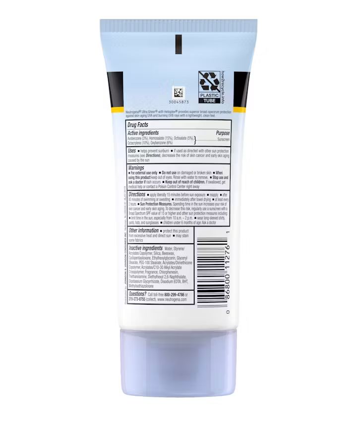 Ultra Sheer® Dry-Touch Sunscreen Broad Spectrum SPF 100+, back of the package