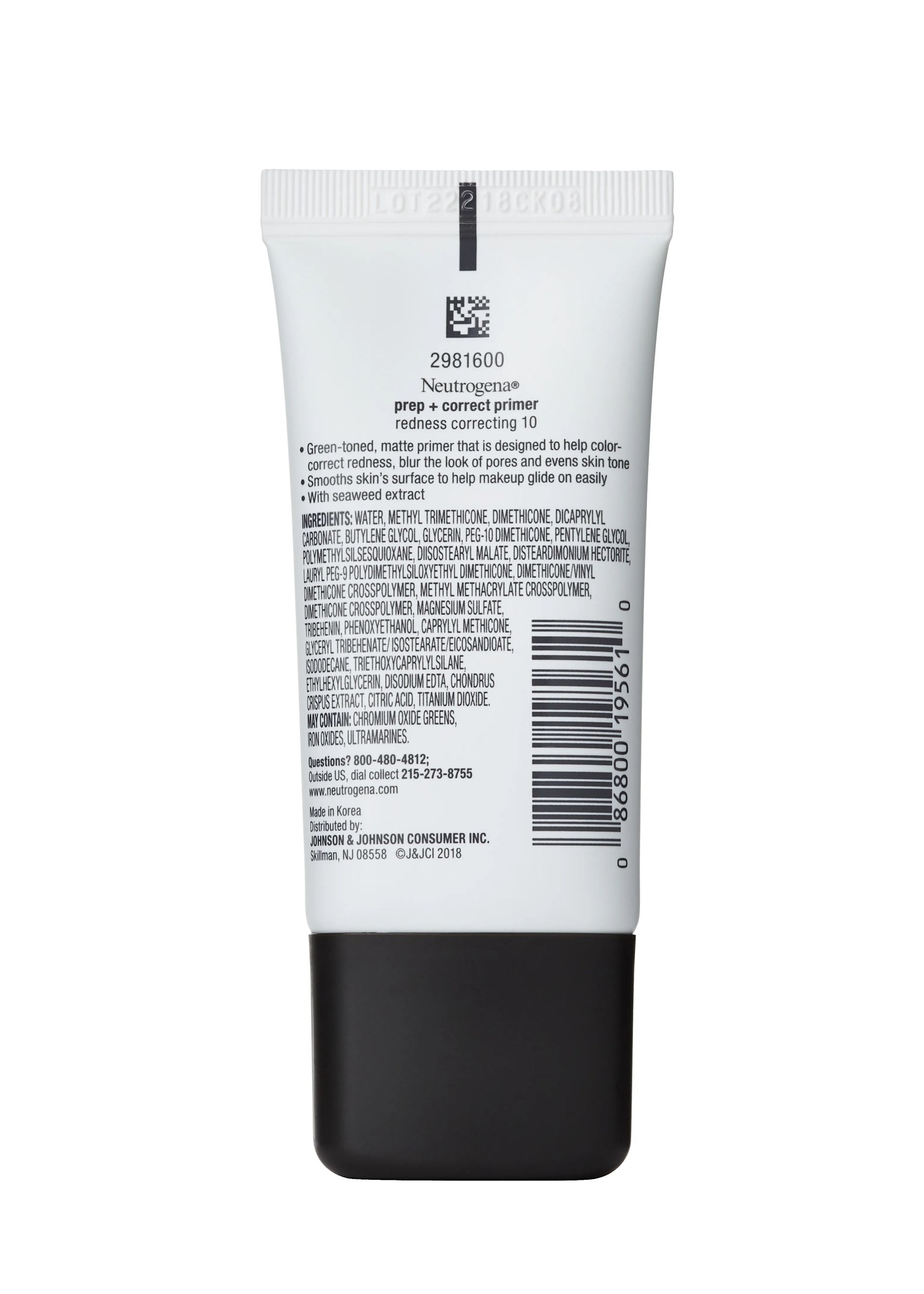 Neutrogena Prep + Correct Primer, Redness Correcting 10, 1.0 Oz, back of pack