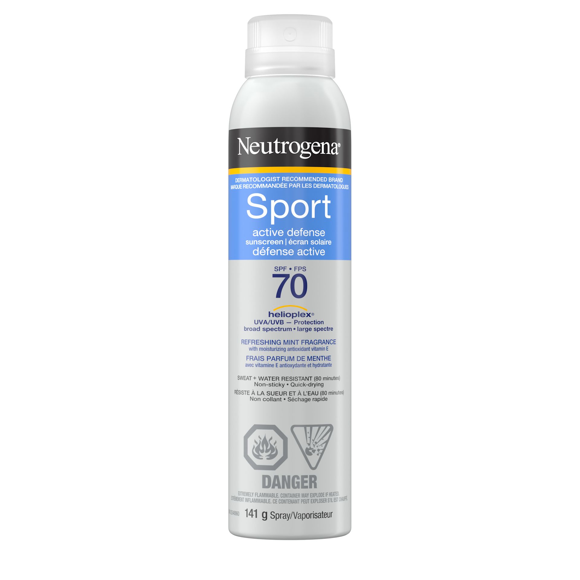 Front shot of NEUTROGENA® Sport Active Defense SPF 70  Sunscreen Spray bottle  141  g