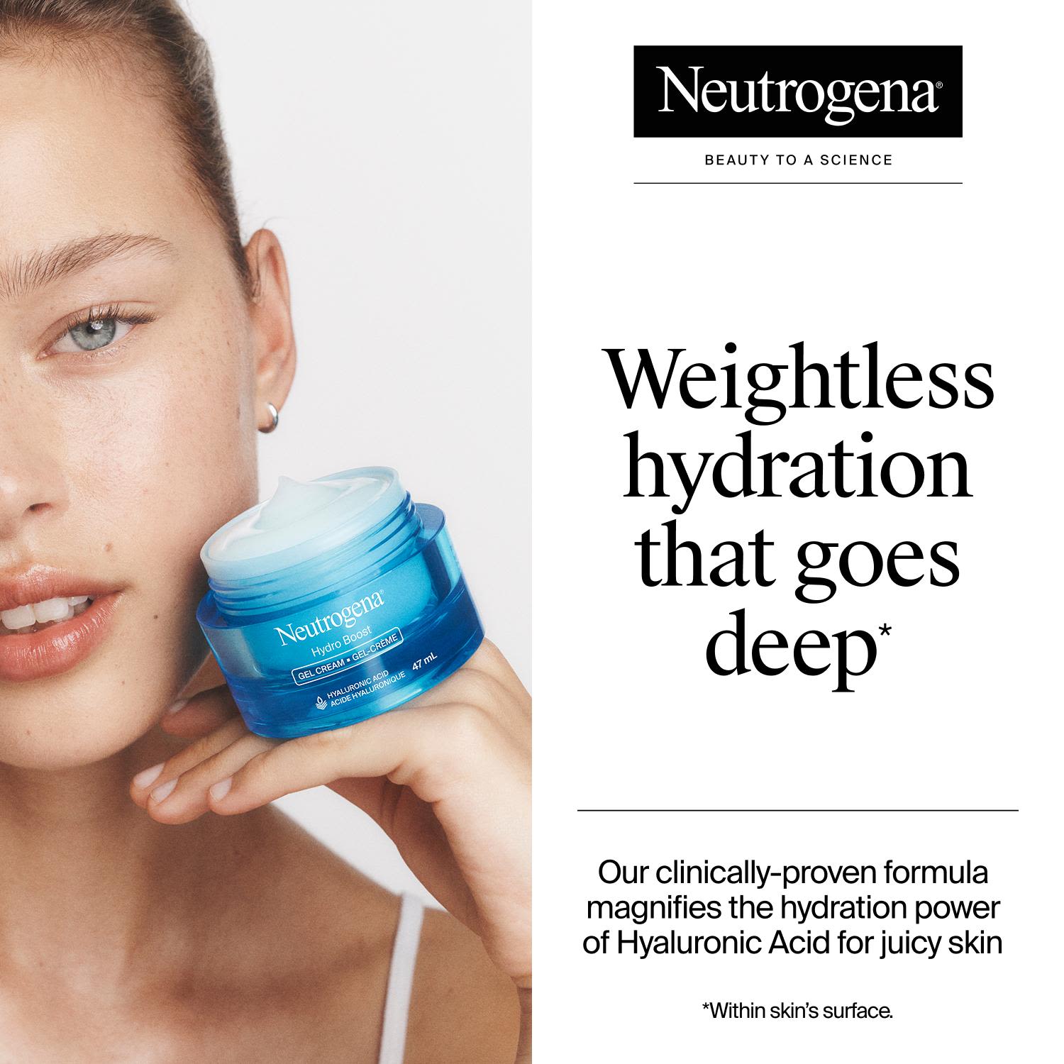 Woman holding an open jar of Neutrogena Hydro Boost Gel Cream, showing lightweigh moisturizer for deep hydration