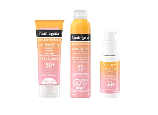 Écrans solaires Défense quotidienne Fini invisible Neutrogena® : FPS 50+; bruine corporelle FPS 50+; et sérum visage FPS 50+ 