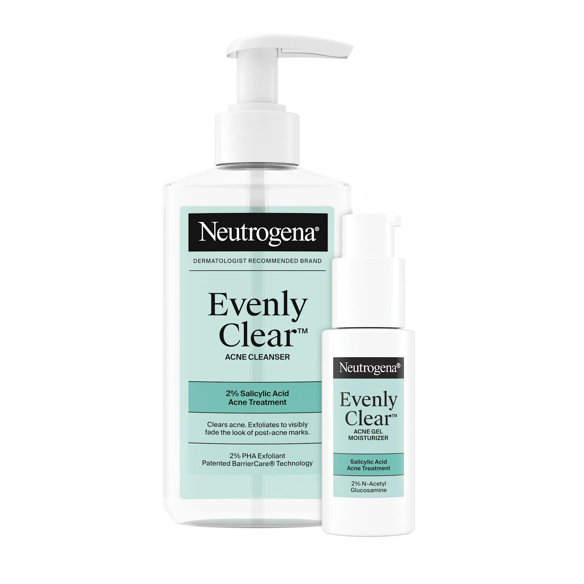 Neutrogena® Acne-Fighting Skincare Solutions with Evenly Clear™ Acne Cleanser & Acne Gel Moisturizer individual product packaging