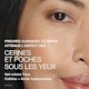 Visage d'une femme avec texte disant «Preuves cliniques à l'appui, atténue l'aspect des cernes et poches sous les yeux»