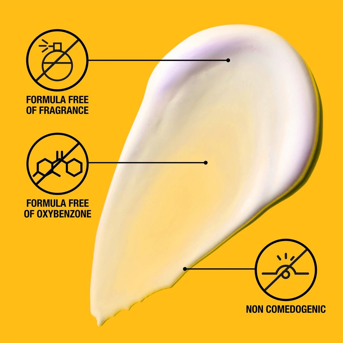 Yellow panel showing fragrance free, oxybenzone free, non comedogenic formula