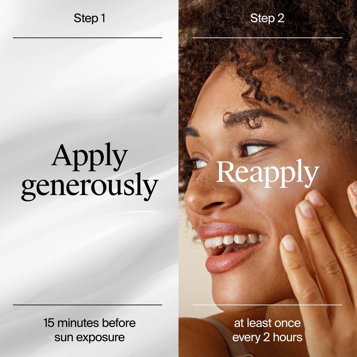 Two-step sunscreen guide: apply generously 15 mins before sun, reapply every 2 hours.