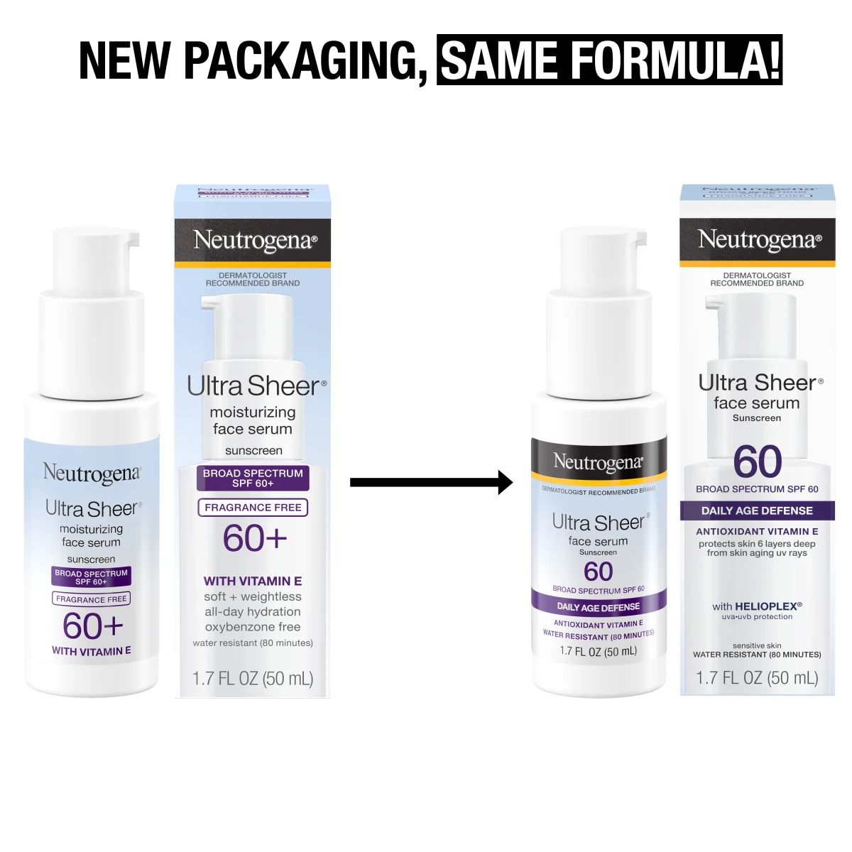 Neutrogena® Ultra Sheer® SPF 60+ serum showing new packaging same formula comparison