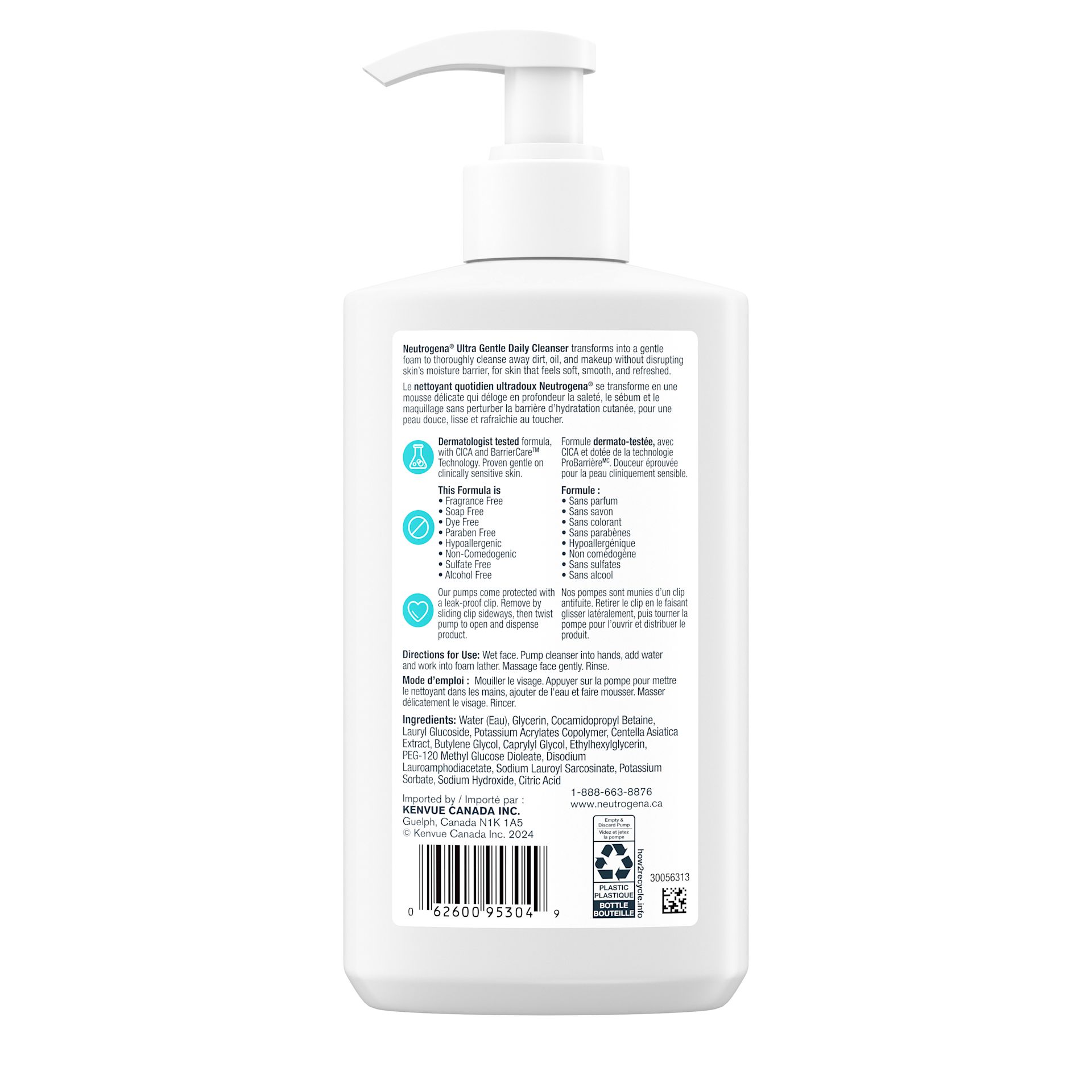 The back shot of Neutrogena® Ultra Gentle Daily Facial Cleanser, Foaming Formula, Pump Bottle