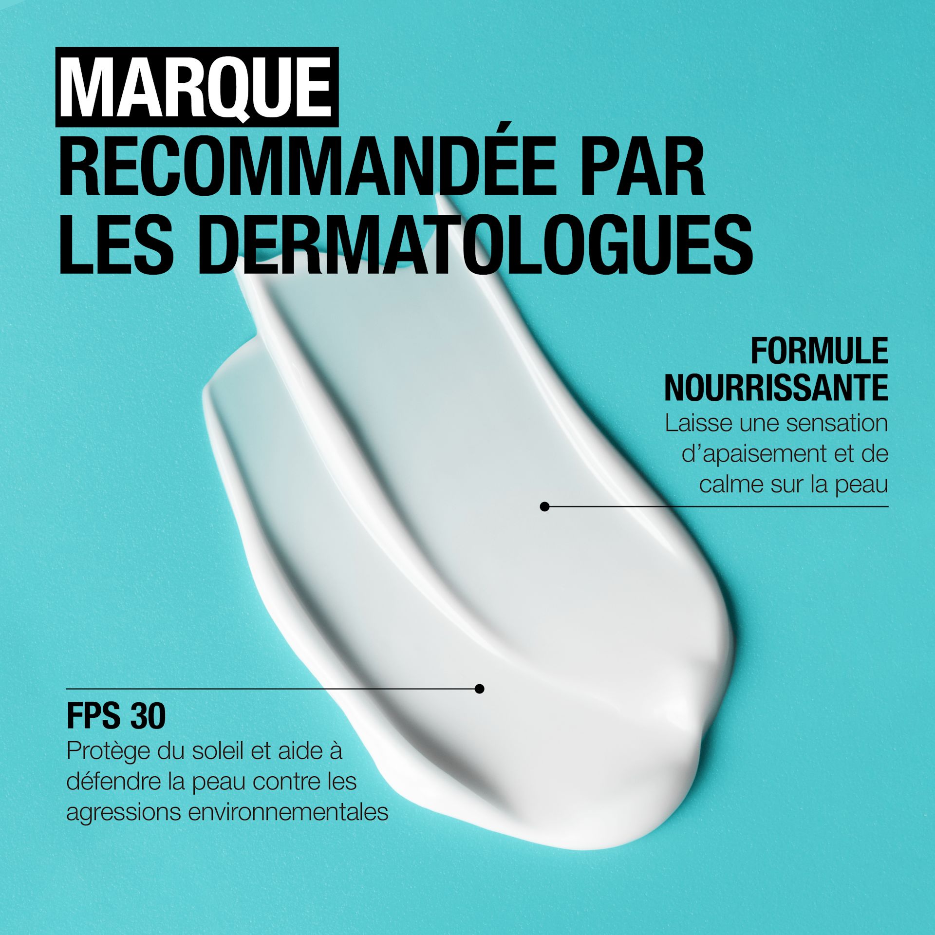 241127 411NTG UG SPFMoisturiser Digital CA FR ML-04 Trace du produit sur fond bleu avec la mention « Marque recommandée par les dermatologues »