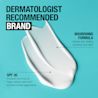 Product smear on a blue background and claim indicating 'dermatologist recommended brand'