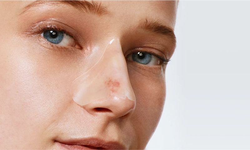 A young woman wearing Neutrogena® nose patch on her face.
