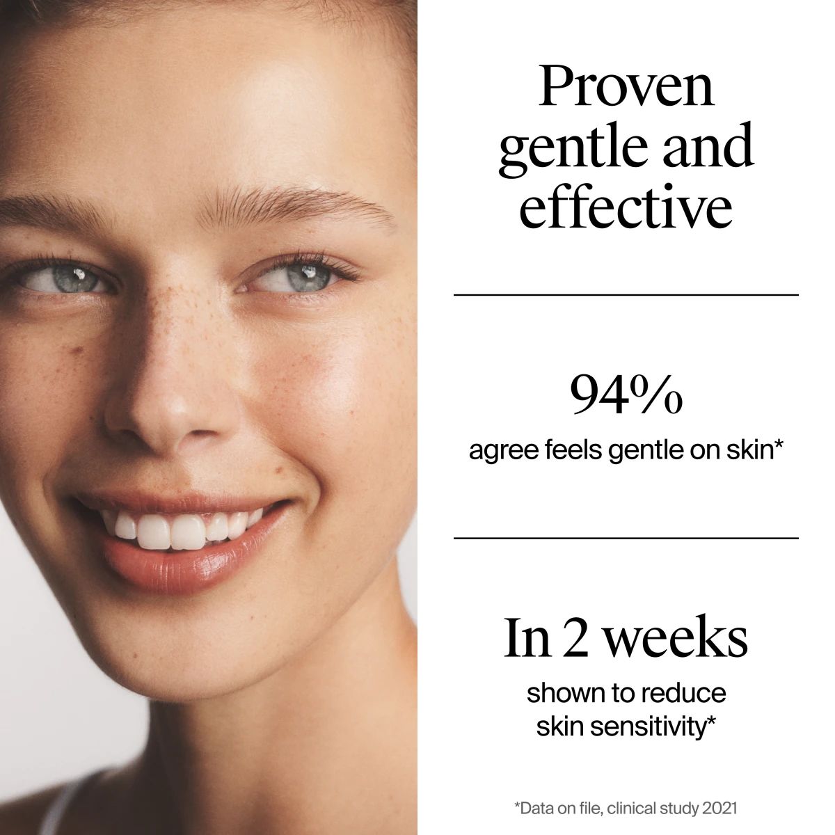 Smiling woman with freckles noting Neutrogena® gentle, effective formula reduces sensitivity