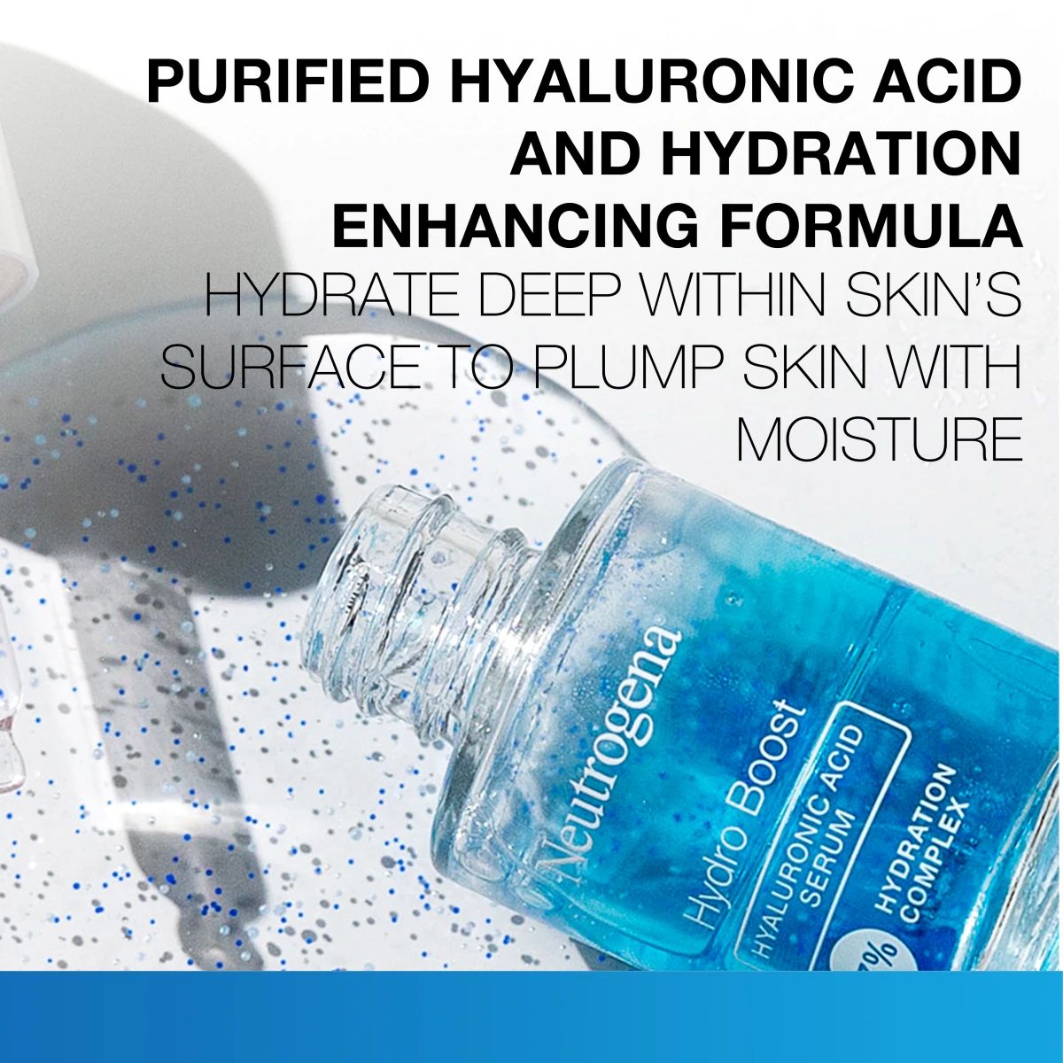Neutrogena® Hydro Boost serum bottle with blue beads and hydration claim on splash backdrop