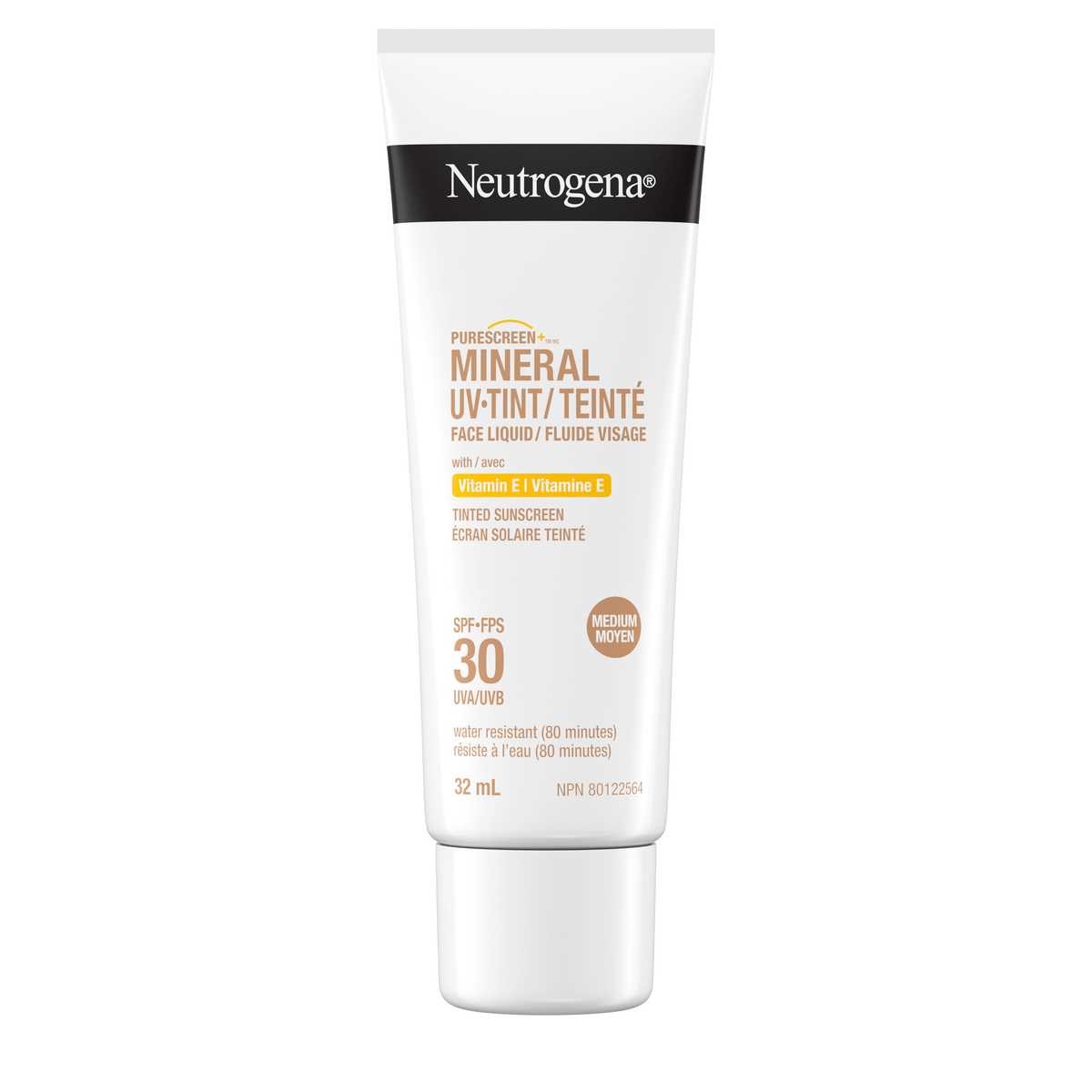 Panneau avant du fluide visage UV-Teinté mineral NEUTROGENA® Purescreen+MC Moyen, FPS 30, tube à presser de 32 ml