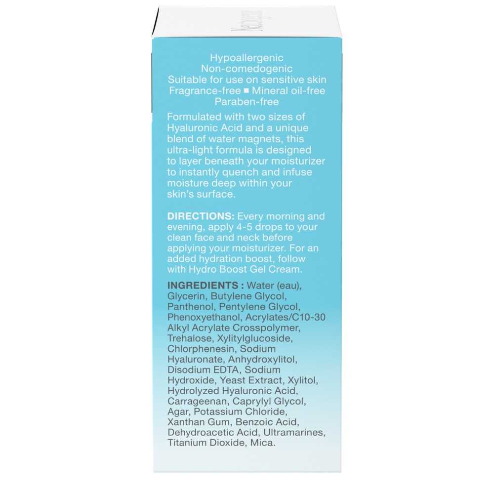 Neutrogena Hydro Boost Hyaluronic Acid Serum Vue arrière de l’emballage du sérum à l’acide hyaluronique NEUTROGENA® Hydro Boost