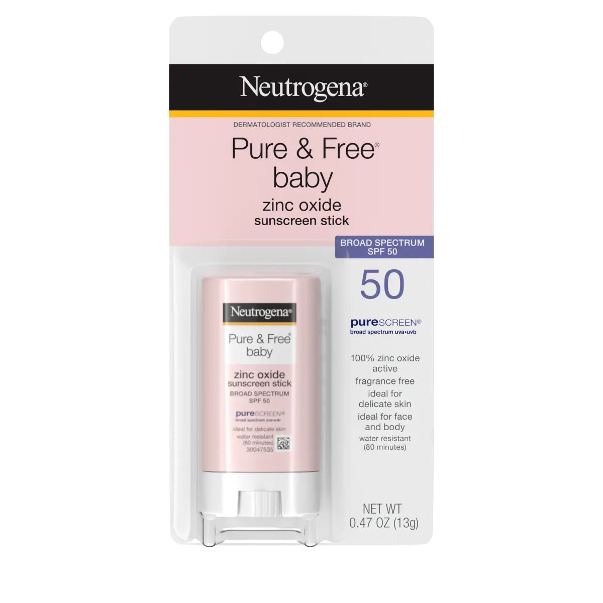 Neutrogena® Pure & Free® Baby Sunscreen Stick Broad Spectrum SPF 50+ Front of Packaging