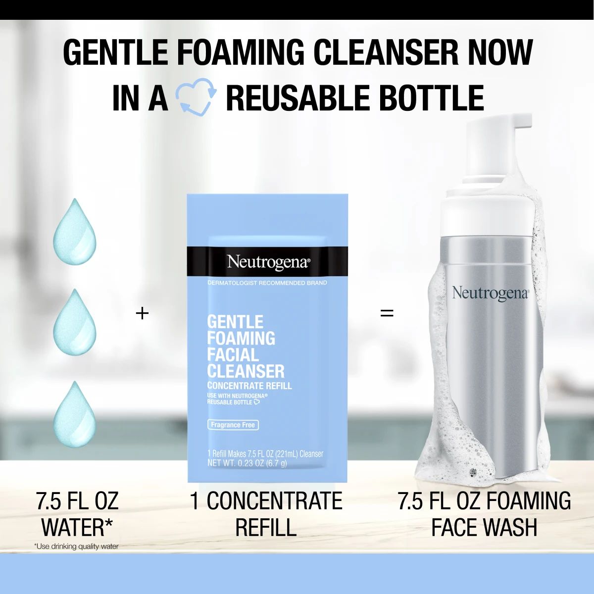 Neutrogena® reusable bottle system: 7.5 oz water plus concentrate refill equals foaming face wash