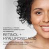 Woman smiling accompanied with text, 'scientifically proven ingredients & dermatologist recommended retinol and hyaluronic acid'