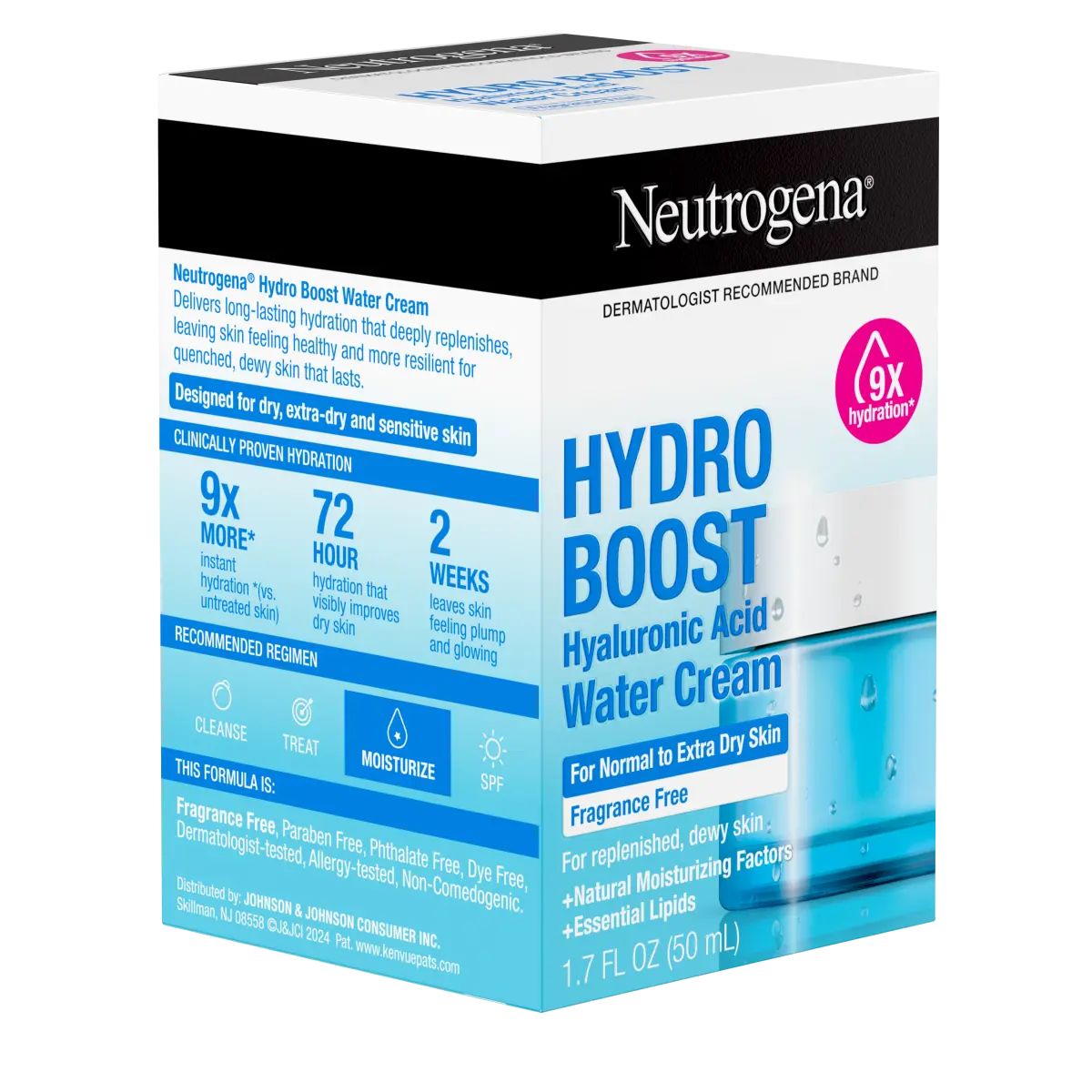 Neutrogena® Hydro Boost Hyaluronic Acid Water Cream Fragrance Free Facial Moisturizer 1.7 Fl. Oz, left angle packaging