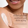 Smiling model applying sunscreen to her shoulder with a caption about preventing sunburn and skin aging