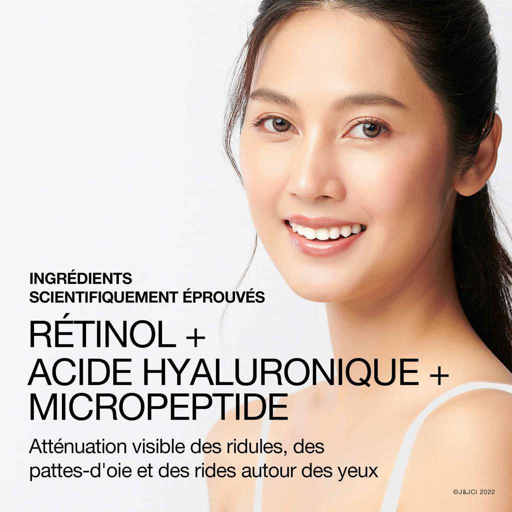 Femme qui sourit et texte disant «Ingrédients scientifiquement éprouvés : rétinol, acide hyaluronique, micropeptide»