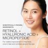 Woman smiling accompanied with text, 'scientifically proven ingredients: retinol, hyaluronic acid, micropeptide'
