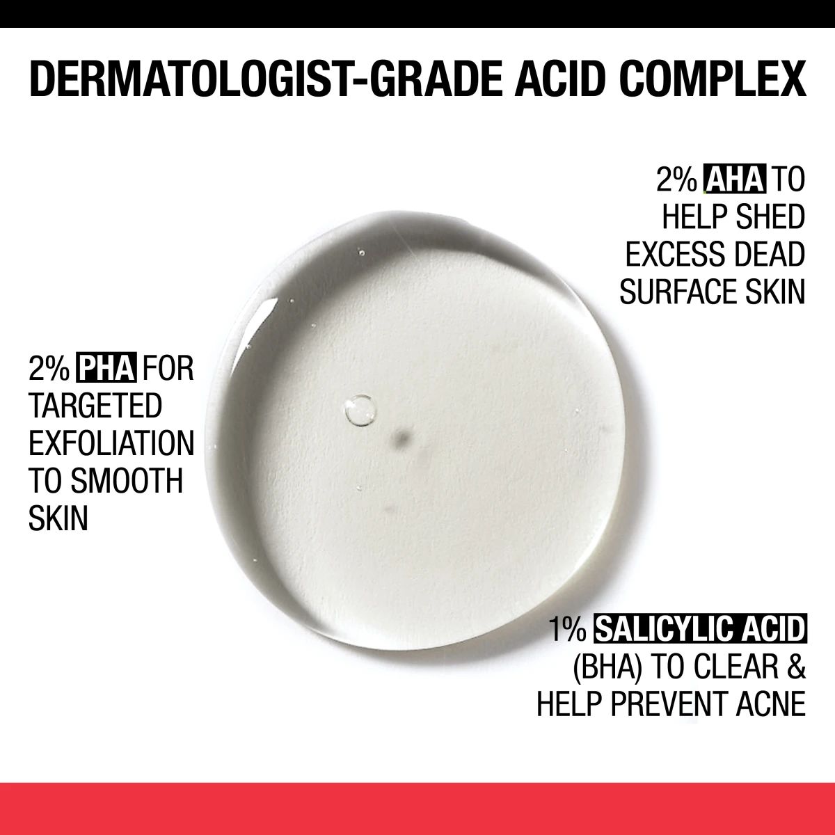 Dermatologist-grade acid complex gel with 2 percent AHA, 2 percent PHA, 1 percent Salicylic Acid