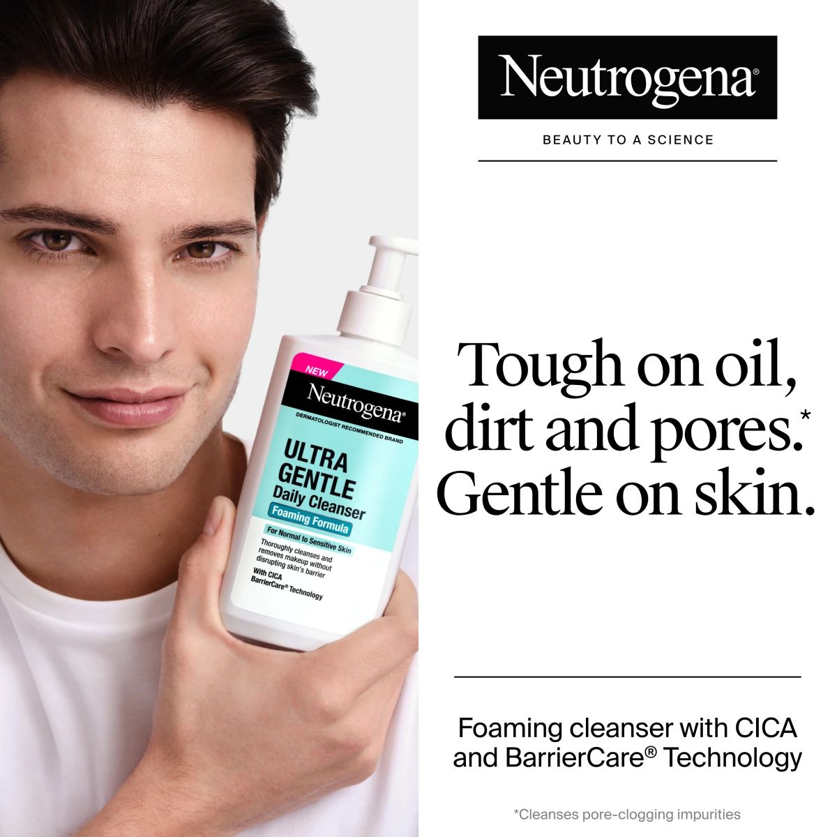 Person holding new Neutrogena® Ultra Gentle Foaming Cleanser with CICA and BarrierCare® Technology.