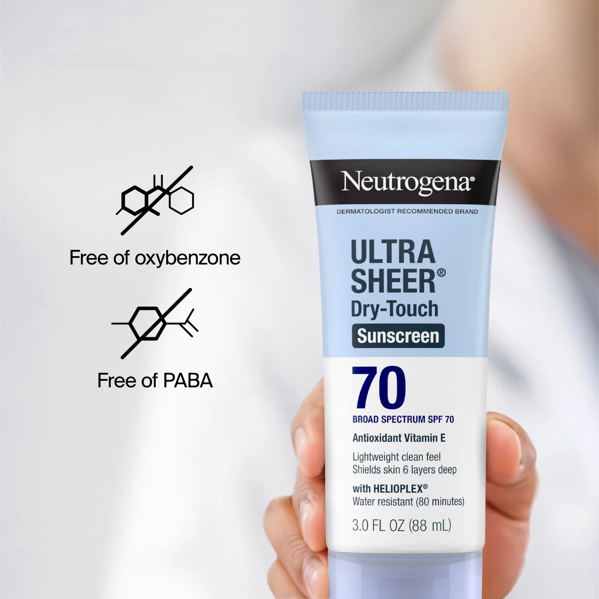 Neutrogena® Ultra Sheer® Dry-Touch Sunscreen SPF 70; free of oxybenzone; free of PABA