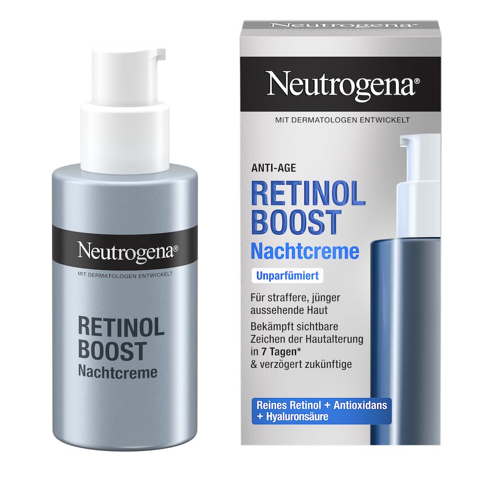 Vorderansicht Neutrogena® Retinol Boost Nachtcreme Produkt neben der Verpackung
