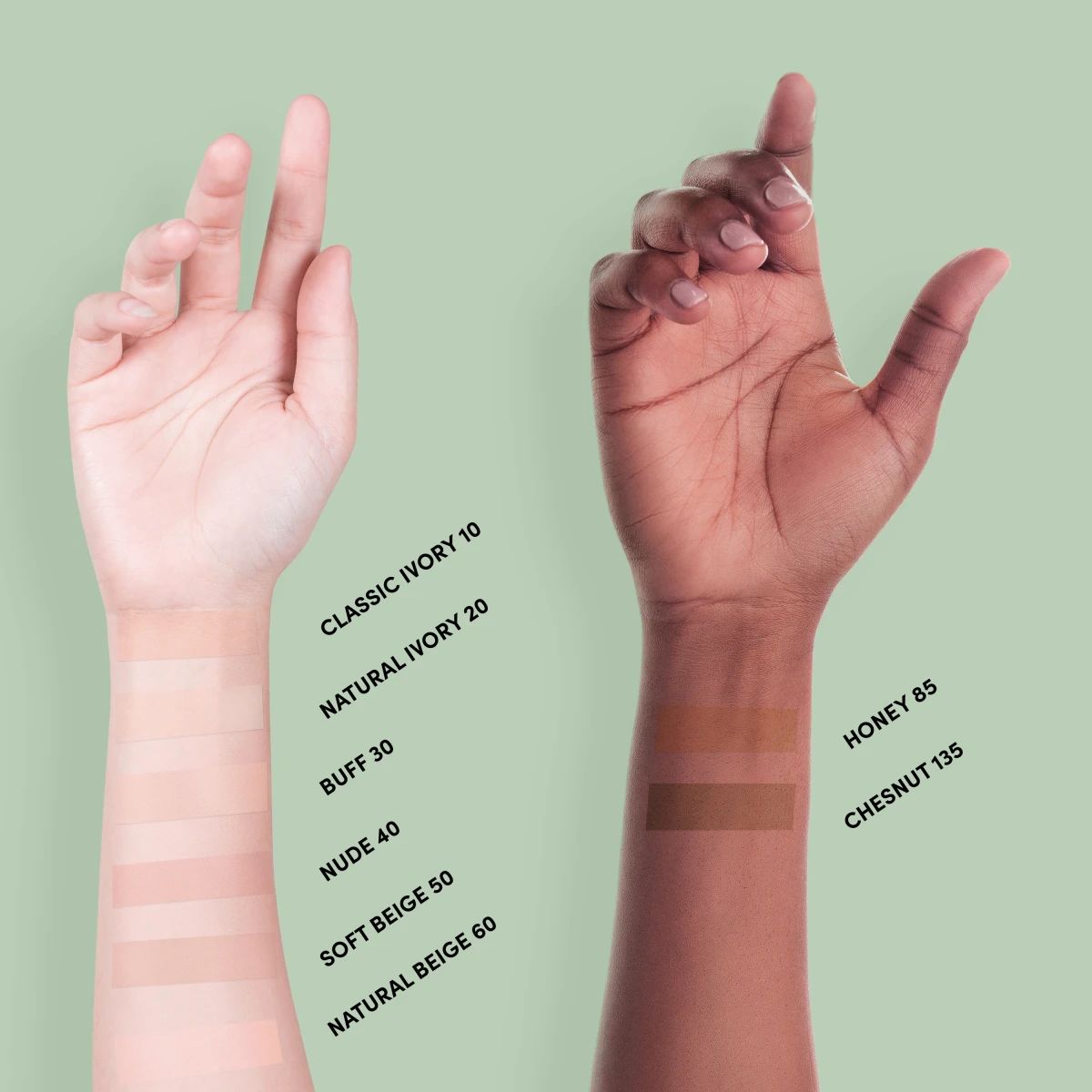 Shade range swatches from Classic Ivory 10 to Chestnut 135 on different skin tones