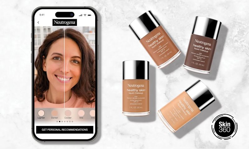 Woman matching different shades of Healthy Skin Liquid Makeup to her face using Neutrogena® Shadefinder
