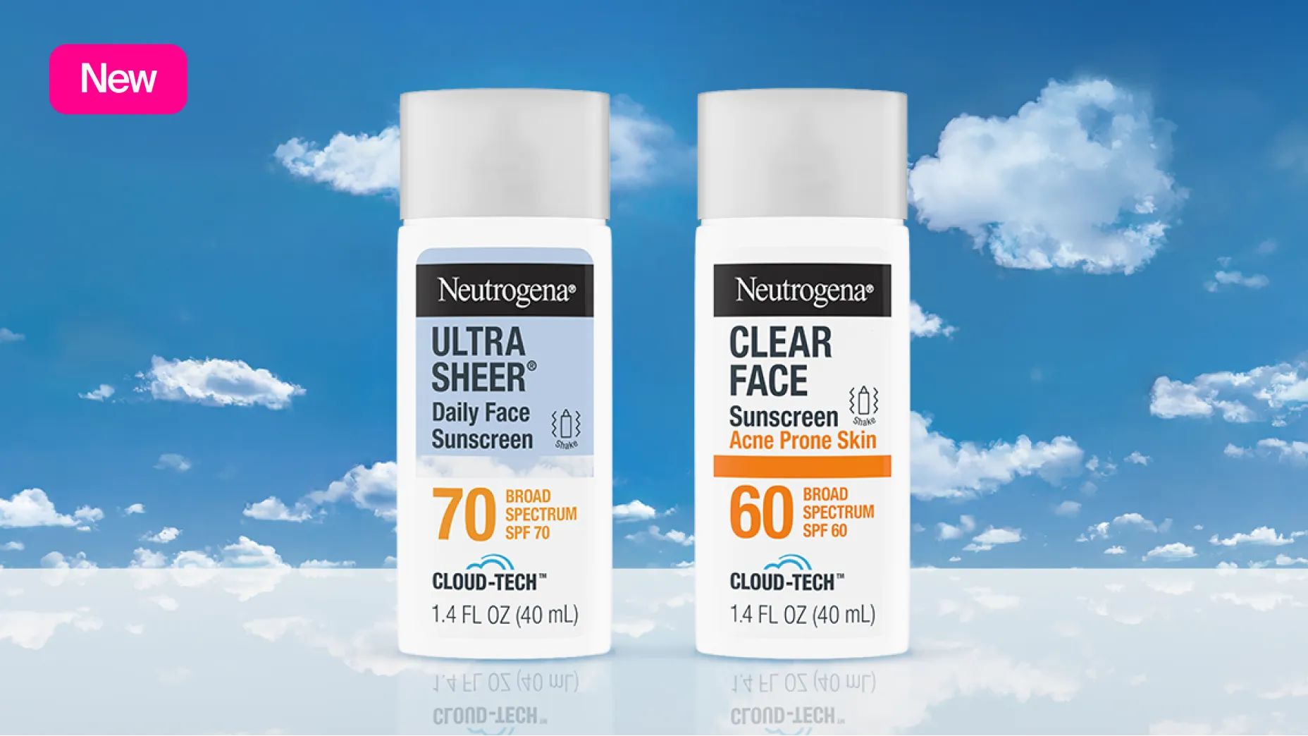 Front of packaging for Neutrogena® Cloud Tech™ Ultra Sheer® Daily Face Sunscreen and Clear Face Sunscreen with a sky background