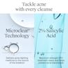 Split panel showing Microclear technology and 2 percent salicylic acid for acne care.