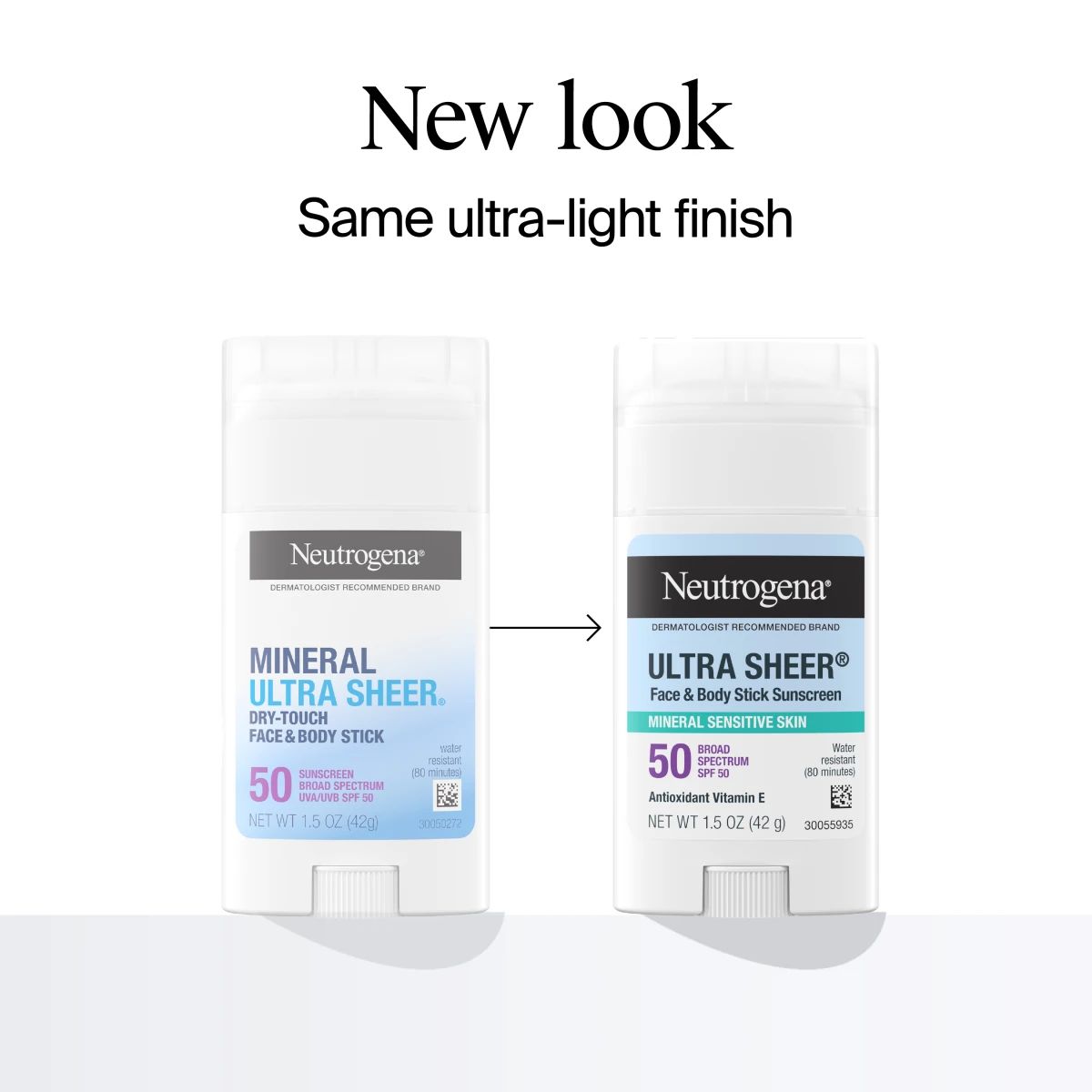 241129_441NTG_US_Mineral Stick_ML-07_New Look.webp Two Neutrogena® Ultra Sheer® SPF 50 sticks comparing old and new packaging with arrow