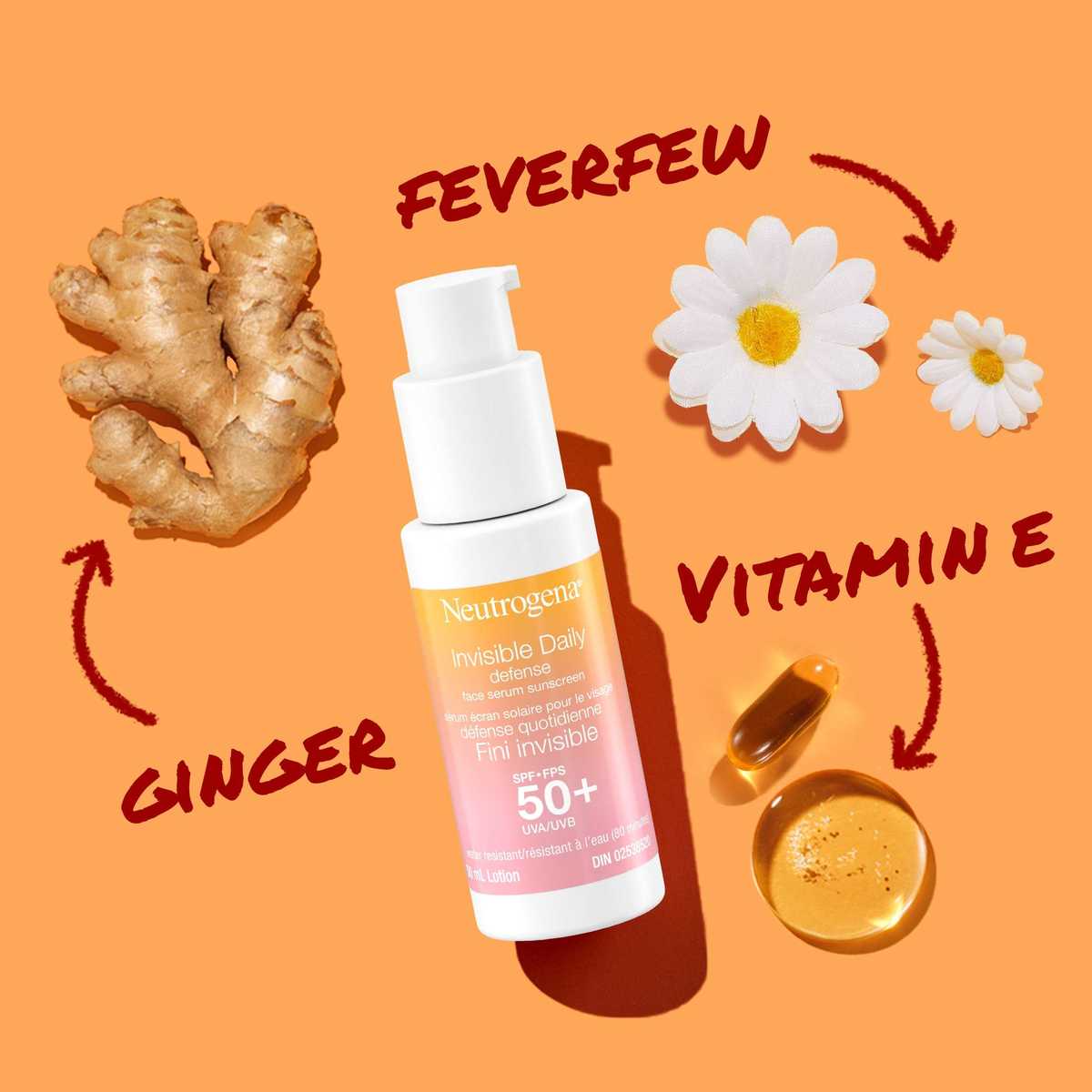 Sérum écran solaire pour le visage Neutrogena® Défense quotidienne Fini invisible, FPS 50+, flacon-pompe contenant du gingembre, de la vitamine E et des ingrédients de grande camomille.