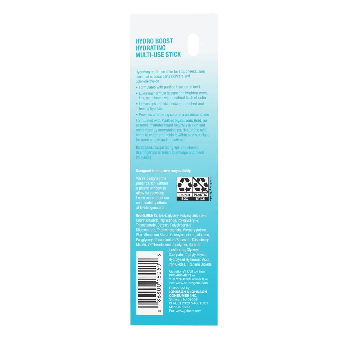 Neutrogena® Hydro Boost Hydrating Multi-Use Stick Back of pack