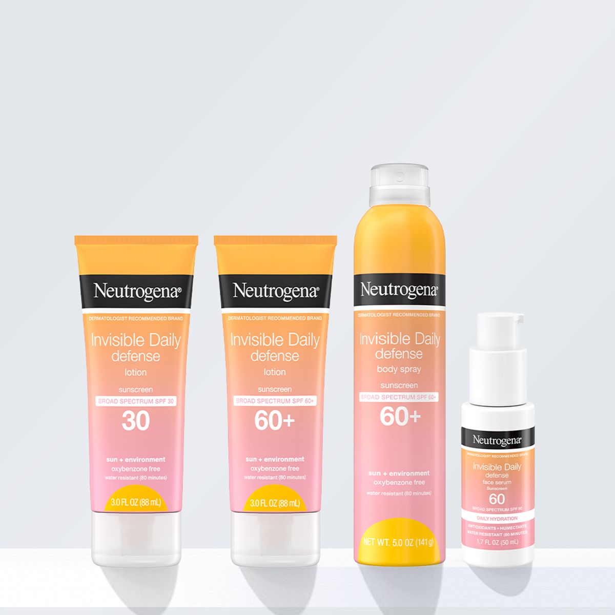 Neutrogena® Invisible Daily Defense sunscreens lineup: SPF 30-60+, lotion, spray, serum