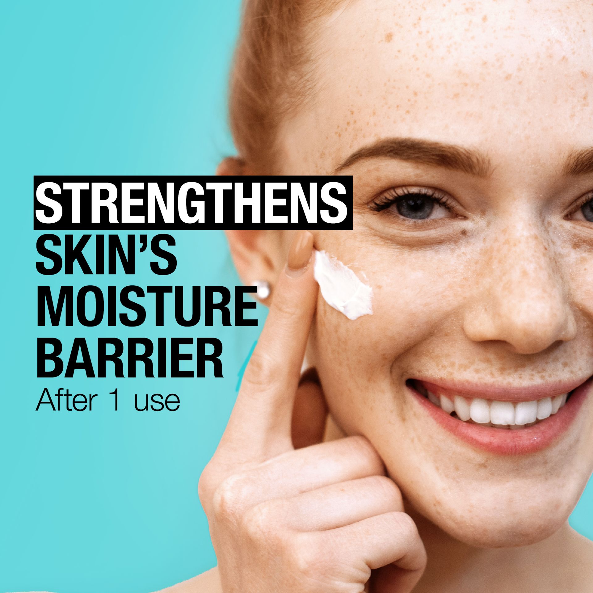Young woman applying Neutrogena® Ultra Gentle Moisturizer on her face and smiling