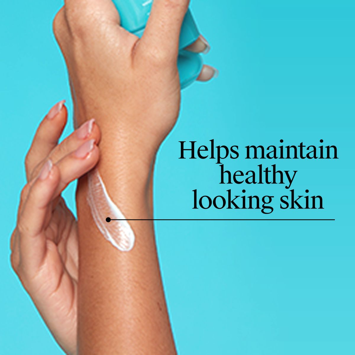 Hand applies white lotion on forearm; Helps maintain healthy looking skin