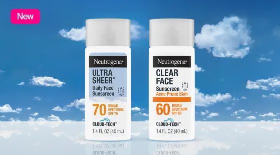Front of packaging for Neutrogena® Cloud Tech™ Ultra Sheer® Daily Face Sunscreen and Clear Face Sunscreen with a sky background