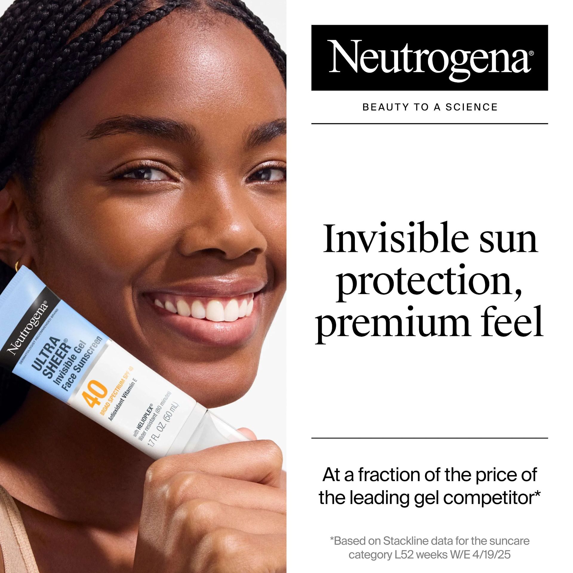 woman smiling holding Neutrogena Ultra Sheer Invisible Gel Face Sunscreen Broad Spectrum SPF 40 for invisible sun protection, premium feel