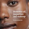 Close-up of face showing product benefits removes oil, impurities, makeup for hydrated skin