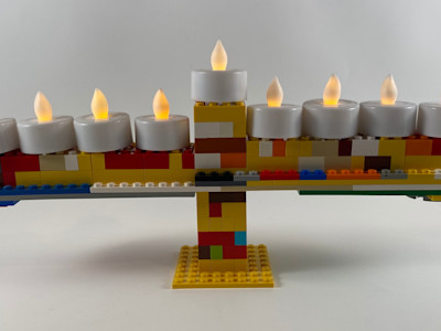 Photograph of LEGO creation "Isaac's Rainbow Menorah"